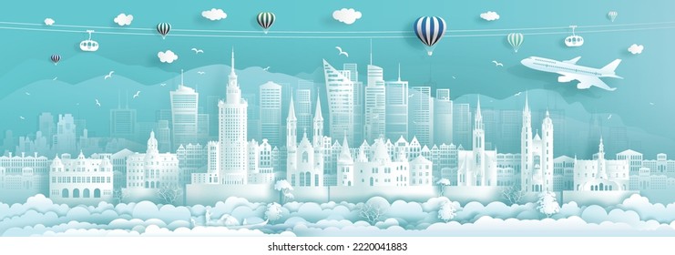 Travel architecture Poland landmarks in warsaw, krakow famous ancient and modern city of europe with turquoise background, Travel Poland with panoramic popular history capital, Vector illustration.