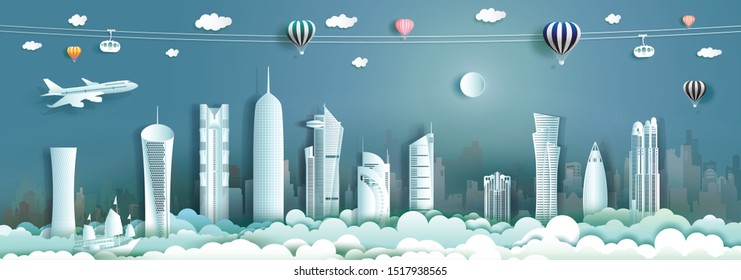 Travel architecture Qatar with modern building, skyline, skyscraper. Business brochure modern design.Traveling to arab landmarks of asian with architecture and cityscape background.Vector illustration