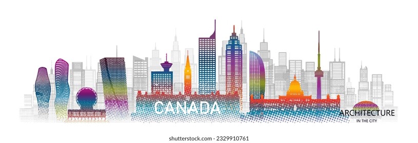 Silueta de arquitectura de viajes en Canadá con un colorido estilo de media tonalidad. Recorra Canadá, sobre fondo blanco, los famosos monumentos de Toronto en Norteamérica. Recorra América con el vector de silueta.