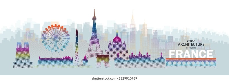 Reisen Architektur Silhouette in Frankreich, Paris, Waden mit bunten Halftone Stil. Tour Frankreich architektonische berühmte Wahrzeichen von Europa auf weißem Hintergrund. Vektorgrafik im Halbtonstil.