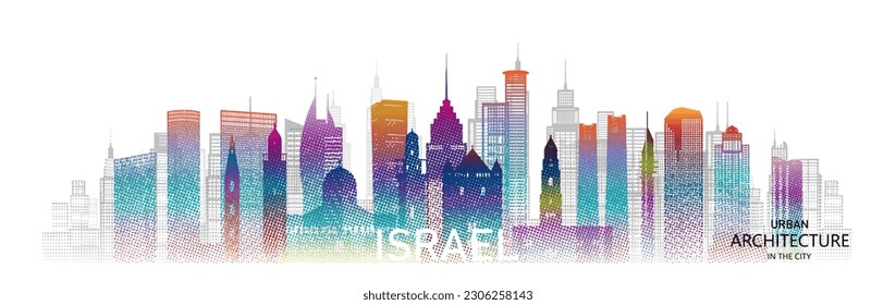Travel architecture silhouette in Israel, jerusalem, aviv with colorful halftone style. Tour Israel architectural famous landmarks of middle east in Asia on white background.