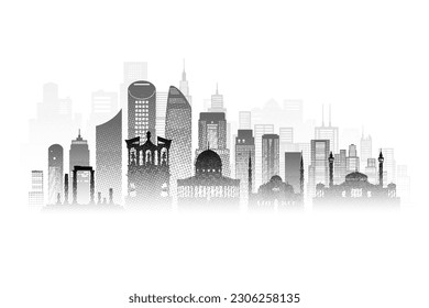 Travel architecture silhouette in Jordan with Black halftone style. Your Jordan architectural famous landmarks of middle east in Asia on white background. Tour amman with silhouette city capital.