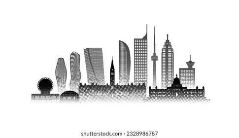 Travel architecture silhouette landmark in Canada, Toronto, North america with Black halftone style. Tour Canada architectural building famous landmarks of America. Black and white Halftone effect.