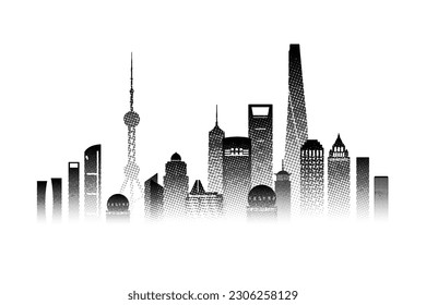 Travel architecture silhouette in Shanghai with black halftone style. Tour Shanghai architectural famous landmarks of China in Asia on white background. Tour China with silhouette city capital.