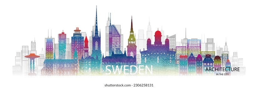 Travel architecture silhouette in Sweden with colorful halftone style. Tour scandinavia architectural famous landmarks of Sweden in Europe on white background. Tour European with silhouette vector.