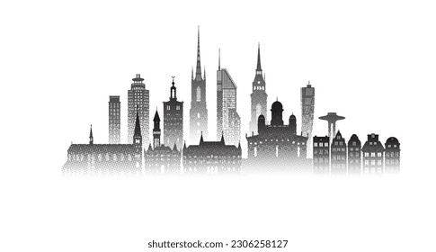 Travel architecture silhouette in Sweden, stockholm, scandinavia with Black halftone style. Tour Sweden architectural building famous landmarks of Europe. Black and white Halftone effect.