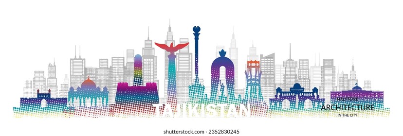 Travel architecture silhouette in Tajikistan with colorful halftone style. Tour Asia architectural famous landmarks of Tajikistan in Dushanbe  on white background. Tour Asean with silhouette vector.