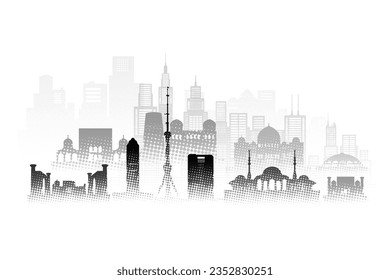 Reisen Architektur Silhouette in Usbekistan mit Black-Halftone Stil. Tour Usbekistan architektonische berühmte Wahrzeichen von Turkmenistan in Asien auf weißem Hintergrund. Tour mizdakhan