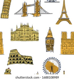 Viajes, arquitectura vectorial sin fisuras en fondo blanco. Concepto de papel pintado, papel envasado, tarjetas 