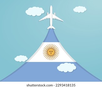 Viaje a Argentina por vuelo, concepto de destino, vacaciones en Argentina, diseño de vector plano, efecto de corte de papel con cielo azul y avión, idea de viaje de verano, banner de turismo de país