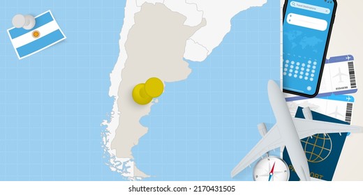 Travel to Argentina concept, map with pin on map of Argentina. Vacation preparation map, flag, passport and tickets. Vector illustration in flat design.