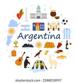 Travel to Argentina, culture elements and nature, flag and map in round infographic banner. Obelisk of Buenos Aires and Iguazu Falls, Sun of May in circle with title cartoon vector illustration