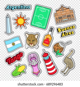 Travel to Argentina Doodle. Argentinian Stickers, Badges and Patches with Animals and Architecture. Vector illustration