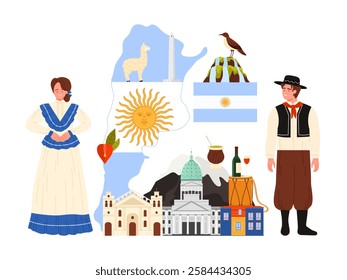 Travel to Argentina, infographic collage with giant map and flag, tourist attractions, culture elements and nature, landmarks. Argentines man and woman in national costumes cartoon vector illustration