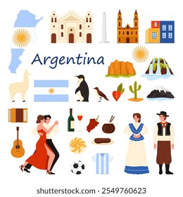 Travel to Argentina set. Historic monuments and culture landmarks, Argentinian people in national costumes, Iguazu Falls and canyons of National Parks, bandoneon and llama cartoon vector illustration