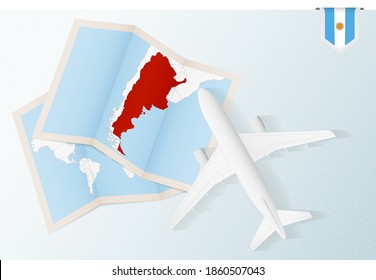 Travel to Argentina, top view airplane with map and flag of Argentina. Travel and tourism banner design.