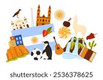 Travel to Argentina, traditional Argentinian culture elements and famous food, animals and architecture in infographic collage. Empanada and bandoneon, guitar and penguin cartoon vector illustration