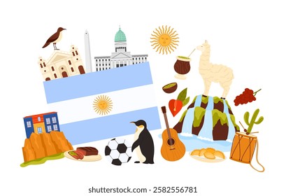 Travel to Argentina, traditional Argentinian culture elements and famous food, animals and architecture in infographic collage. Empanada and bandoneon, guitar and penguin cartoon vector illustration