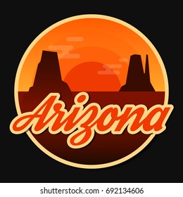 Travel Arizona destination retro round icon, emblem, sticker or badge in cartoon flat style with shadow. Day in Monument Valley, USA.