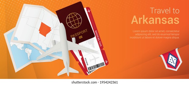 Travel to Arkansas pop-under banner. Trip banner with passport, tickets, airplane, boarding pass, map and flag of Arkansas. Vector template.