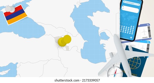Travel to Armenia concept, map with pin on map of Armenia. Vacation preparation map, flag, passport and tickets. Vector illustration in flat design.