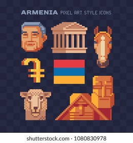 Travel to Armenia pixel art icon set Part2, currency Armenian dram and flag, landmark Pagan temple and ancient statue, horse, man character isolated vector illustration. Design for stickers and logo.
