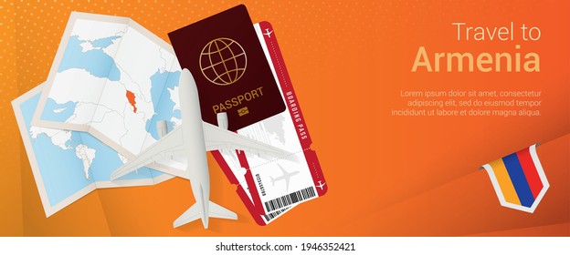 Travel to Armenia pop-under banner. Trip banner with passport, tickets, airplane, boarding pass, map and flag of Armenia. Vector template.