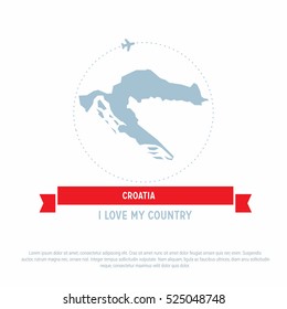 Travel around the Croatia Country map Ribbon banner with map and airplane template. vector illustration