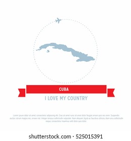 Travel around the Cuba Country map Ribbon banner with map and airplane template. vector illustration