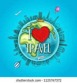 Travel around the Earth. I love travel concept. Vector illustration