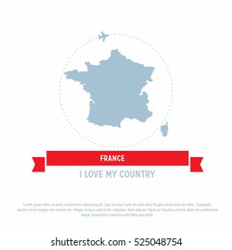 Travel around the France Country map Ribbon banner with map and airplane template. vector illustration