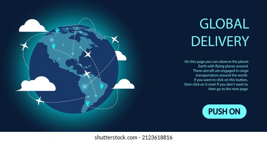 Travel around the globe. Global air delivery around the globe. World map with destination marker pins and plane travel routs. Space for text. Concept of banner, poster, advertising, social media