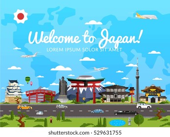 Travel around Japan. Welcome to Japan poster with vector historic and modern attraction, natural sightseeing place illustration. Travel around Japan by car or airplane. Oriental country discover
