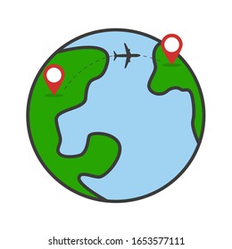 Travel around the planet concept. World exploring by airplane. Start point and destination mark. Flat vector illustration banner design isolated on white