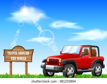 travel around with red jeep