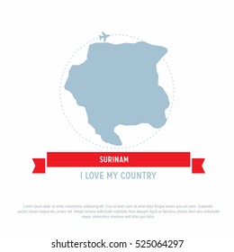 Travel around the Surinam Country map Ribbon banner with map and airplane template. vector illustration