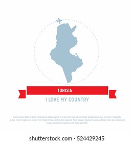 Travel around the Tunisia Country map Ribbon banner with map and airplane template. vector illustration