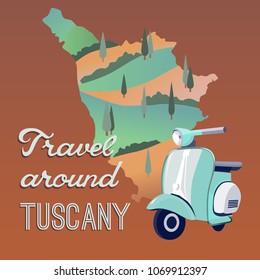 Travel around Tuscany vector banner. A gift card with a retro motorbike