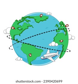 Travel around the world 2d vector cartoon, World map vector on white background, World planet, global warming, globe and plane, world tour.