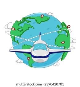 Viaje por el mundo 2d vector cartoon, World map vector on white back, World planet, global calentamiento, globo y avión, tour mundial.