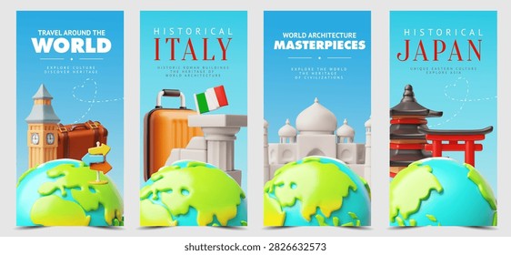 Travel around the world 3D vector posters design set. World attractions, suitcase and planet Earth. Big Ben clock. Colosseum amphitheater. Historical Italy and Japan. The taj mahal and Torii gate