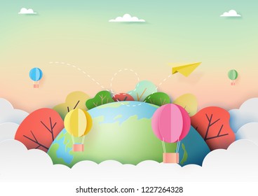 Travel around the world and adventure concept with paper airplane and hot air balloons on nature landscape background paper art style.Vector illustration.