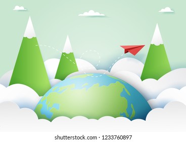 Travel around the world and adventure concept with red paper airplane flying on nature landscape background paper art style.Vector illustration.