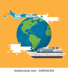 Travel around world in airplane and cruise ship cartoons vector illustration graphic design