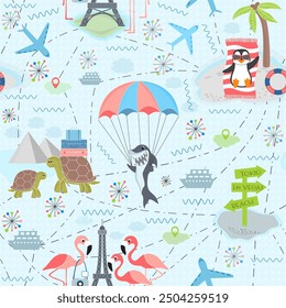 Travel around the world with animals.  Seamless play mat for Kids . Blue wallpaper design . 