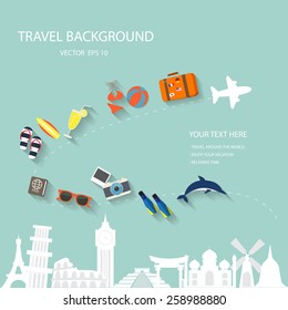 travel around the world background with summer and vacation elements, isolate sign of world traveling place, your text can be adjust easily