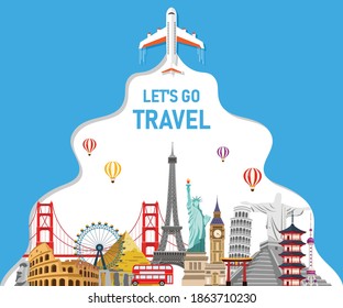 Travel around the world Banner background.  Airlines flying through sky. famous landmarks for popular. landing page tourism website. let's go travel. vector illustration in flat style modern design.