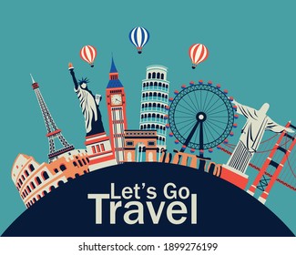 travel around the world banner background. Let's go travel banner background. world famous travel destination and tourist landmarks. vector illustration in flat style modern design.
