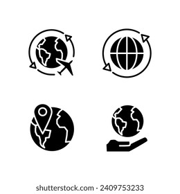 Travel around world black glyph icons set on white space. International tourism. Worldwide flight. Planet map navigation. Silhouette symbols. Solid pictogram pack. Vector isolated illustration