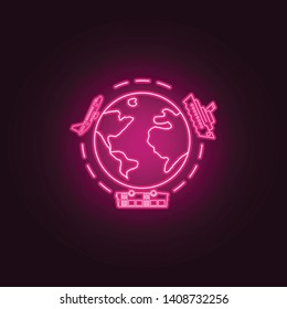 Travel around the world by airplane, bus and ship neon icon. Elements of turizm set. Simple icon for websites, web design, mobile app, info graphics